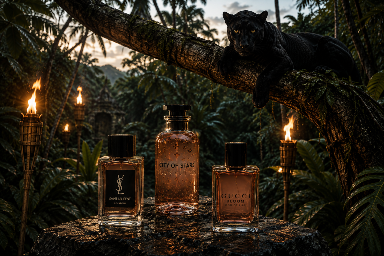 Three luxury fragrance bottles from YSL, Gucci, and Chanel are arranged on a tree stump in a dark tropical jungle setting, with a black panther resting on a branch above. Torches glow in the background, creating a dramatic, cinematic scene.